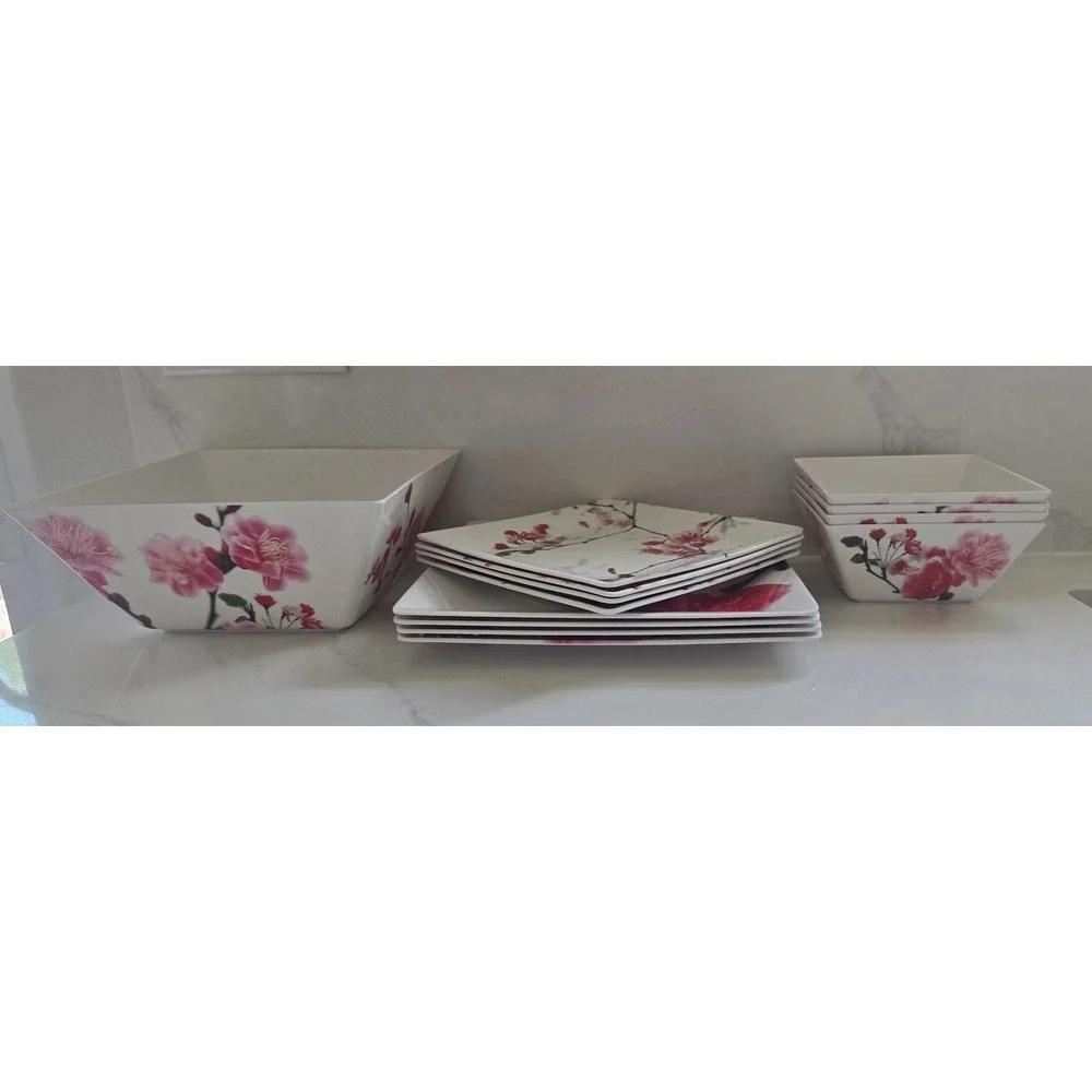 13pc Melamine Dinnerware Set Pink Cherry Blossom Square Plates Serving Bowls